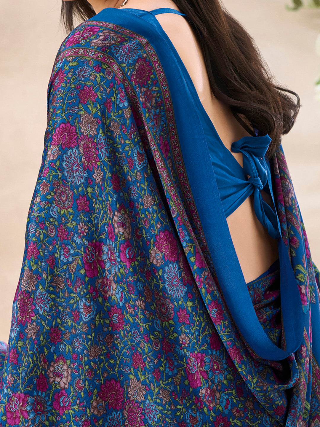 Women's Crepe Blue Printed Designer Saree With Blouse Piece