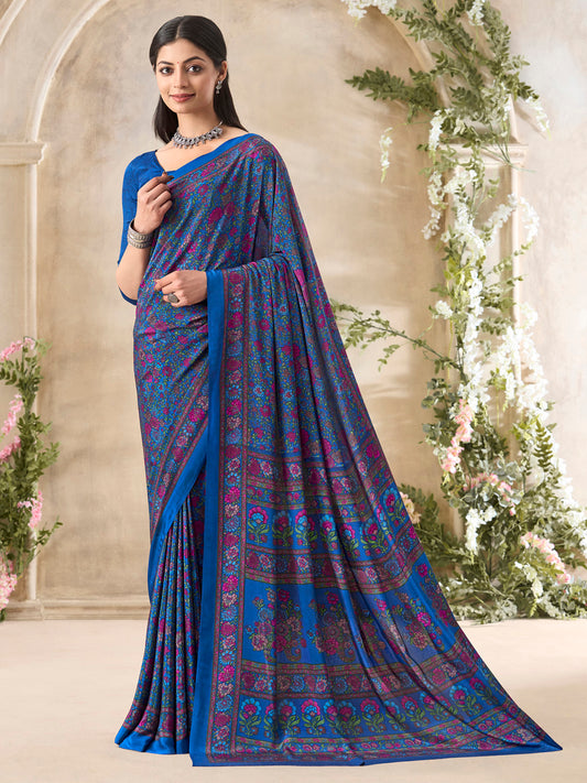 Women's Crepe Blue Printed Designer Saree With Blouse Piece