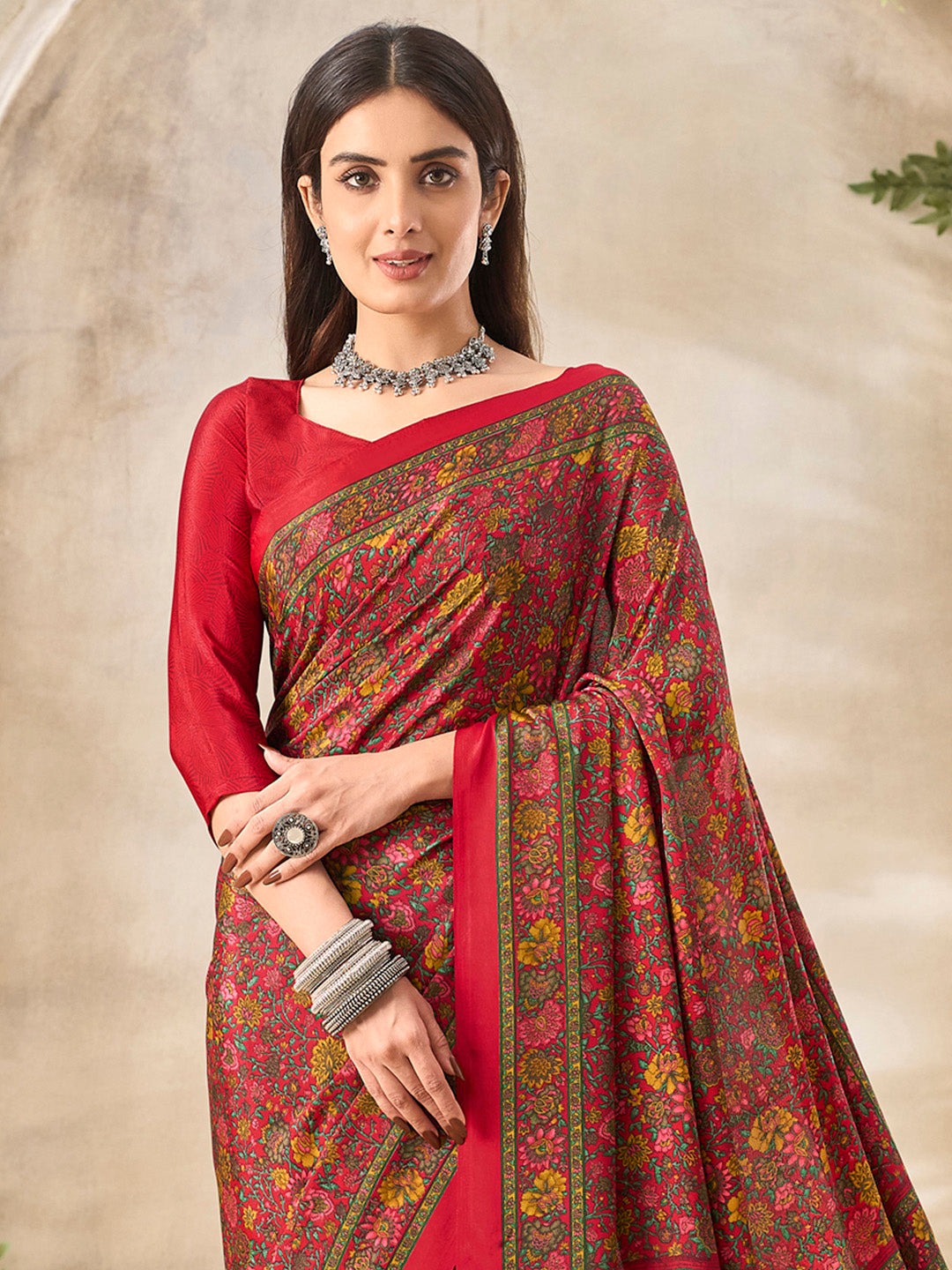 Women's Crepe Red Printed Designer Saree With Blouse Piece