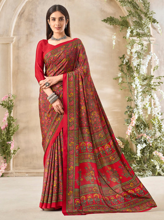 Women's Crepe Red Printed Designer Saree With Blouse Piece