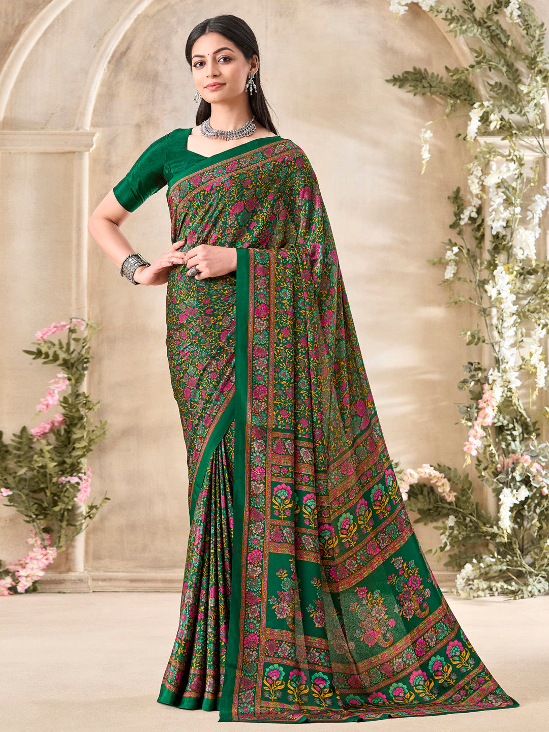 Women's Crepe Green Printed Designer Saree With Blouse Piece