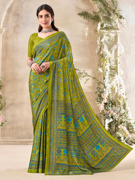 Women's Crepe Light Green Printed Designer Saree With Blouse Piece