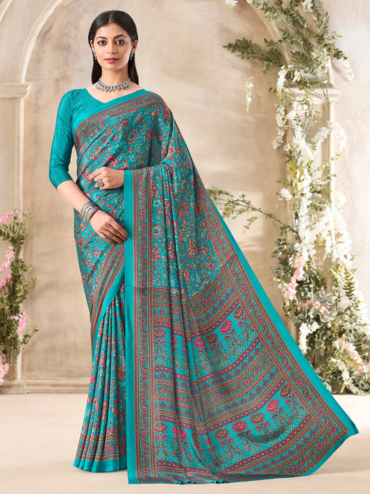 Women's Crepe Light Blue Printed Designer Saree With Blouse Piece