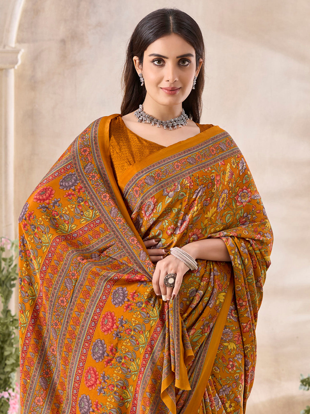 Women's Crepe Mustard Printed Designer Saree With Blouse Piece