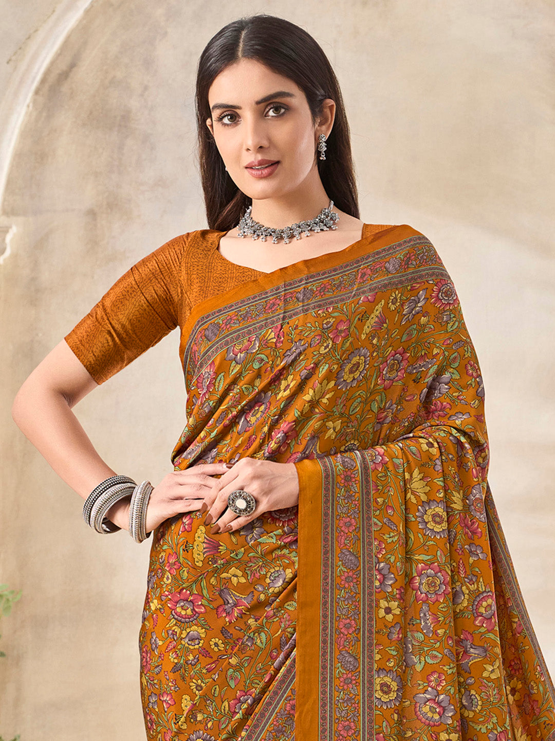 Women's Crepe Mustard Printed Designer Saree With Blouse Piece