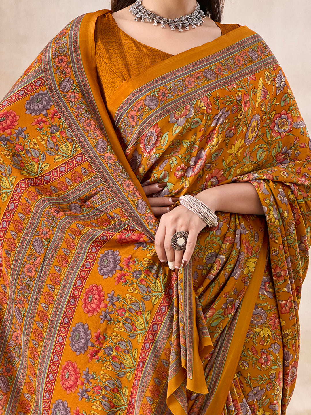 Women's Crepe Mustard Printed Designer Saree With Blouse Piece