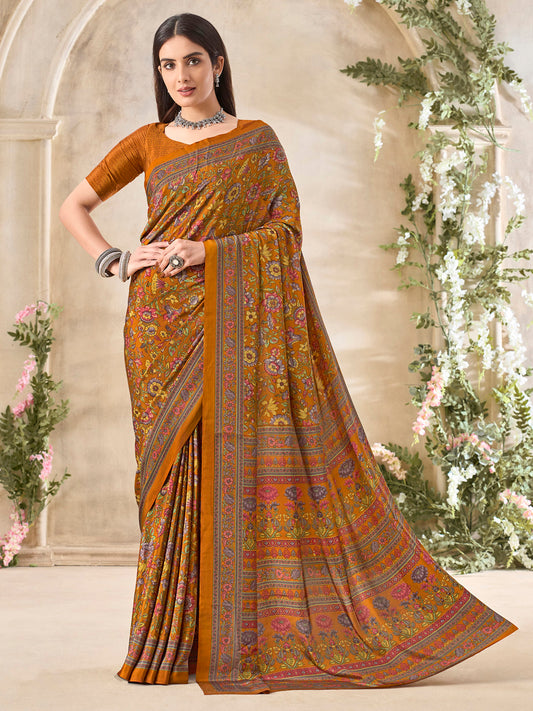 Women's Crepe Mustard Printed Designer Saree With Blouse Piece