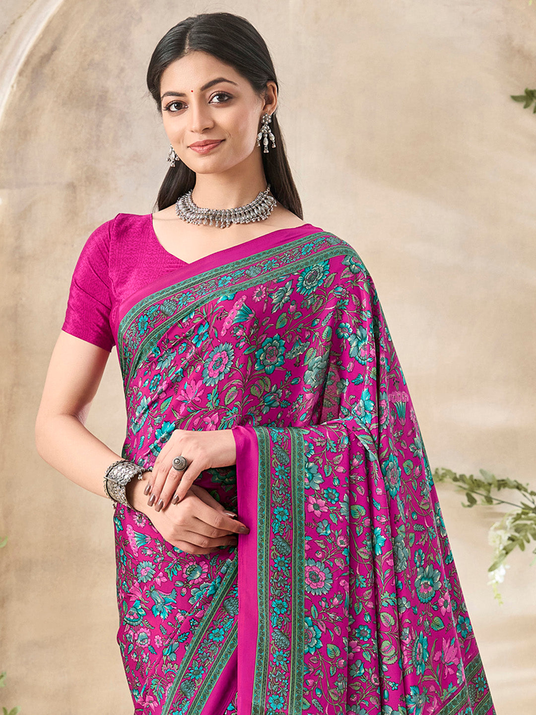 Women's Crepe Pink Printed Designer Saree With Blouse Piece