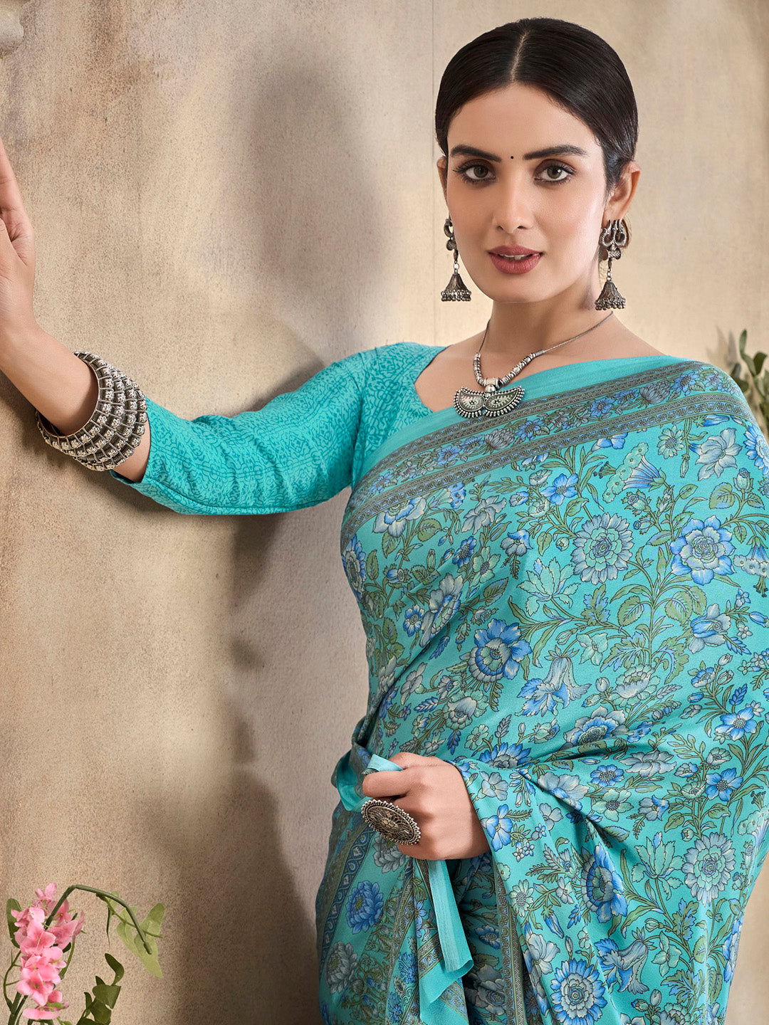 Women's Crepe Light Blue Printed Designer Saree With Blouse Piece