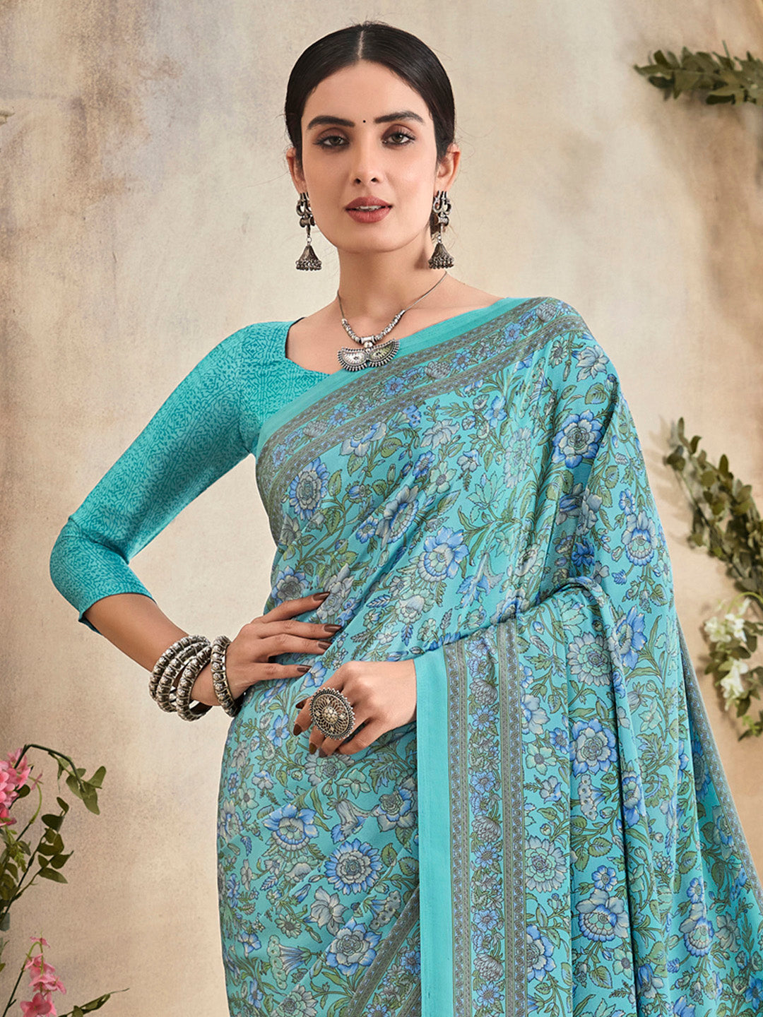 Women's Crepe Light Blue Printed Designer Saree With Blouse Piece