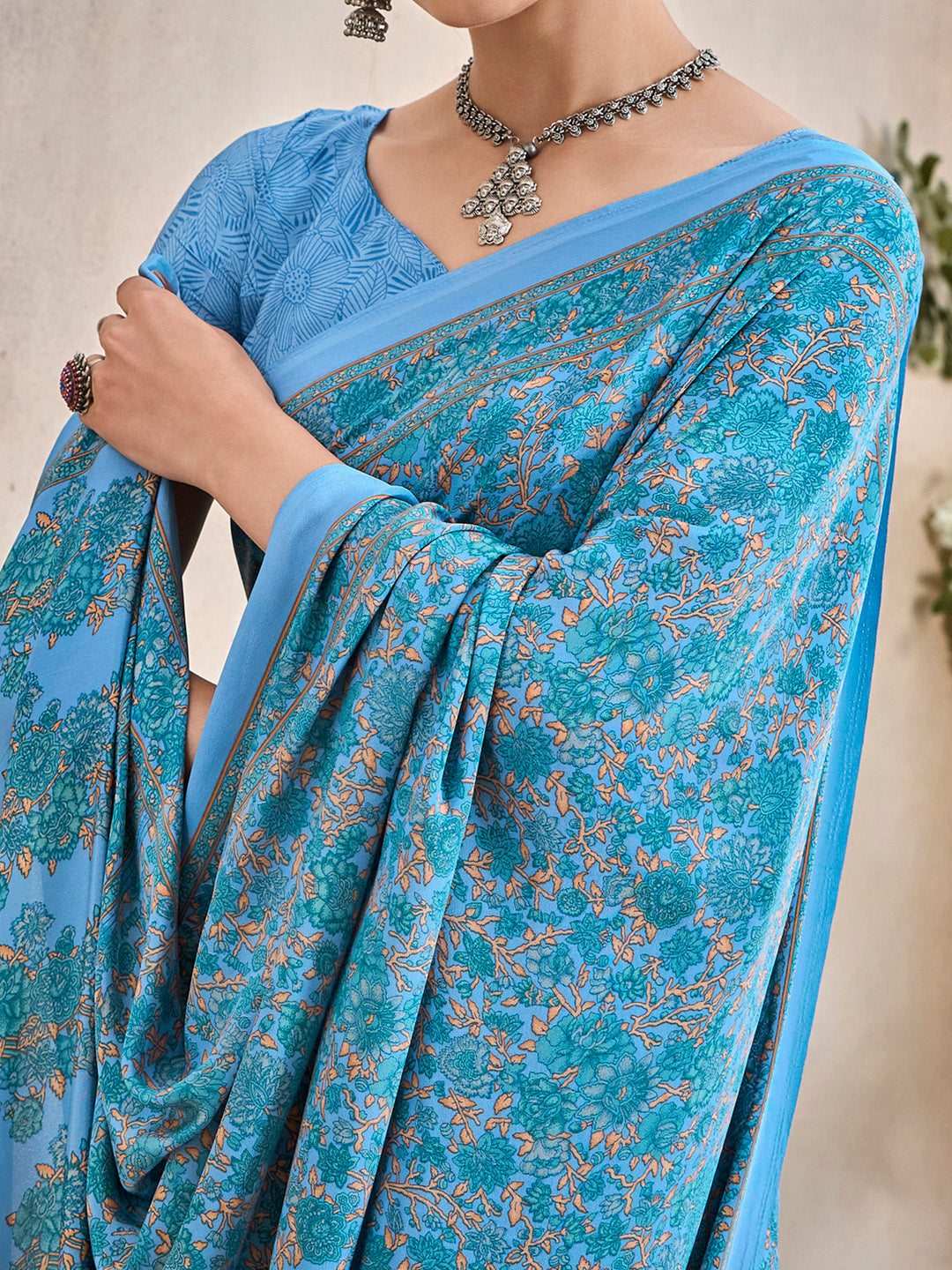 Women's Crepe Light Blue Printed Designer Saree With Blouse Piece