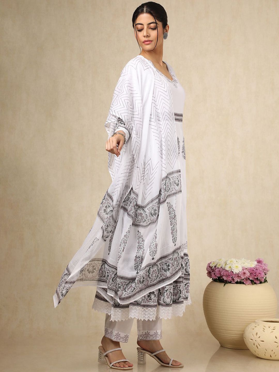 Dhiyona SO Women's Paisley Printed Sequinned V-Neck Anarkali Kurta With Trousers & Dupatta