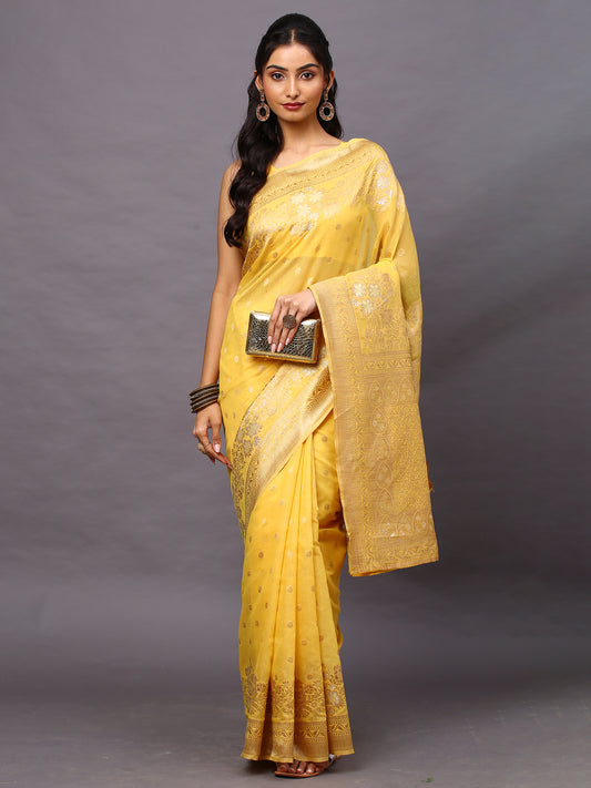 Women's Silk Cotton Yellow Woven Design Woven saree With Blouse Piece