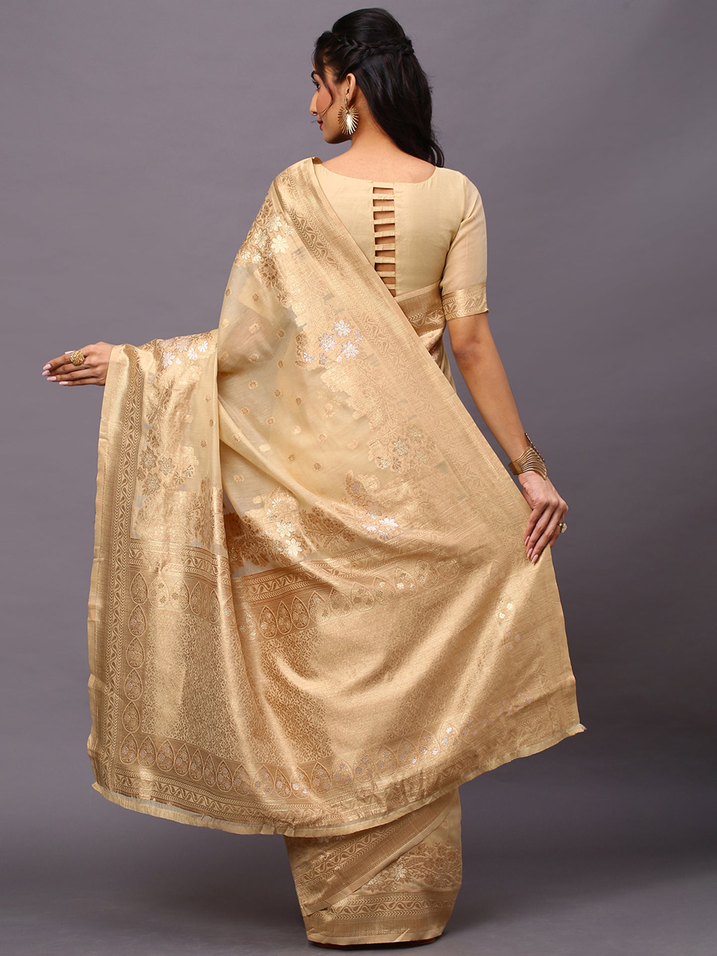 Women's Silk Cotton Cream Woven Design Woven saree With Blouse Piece
