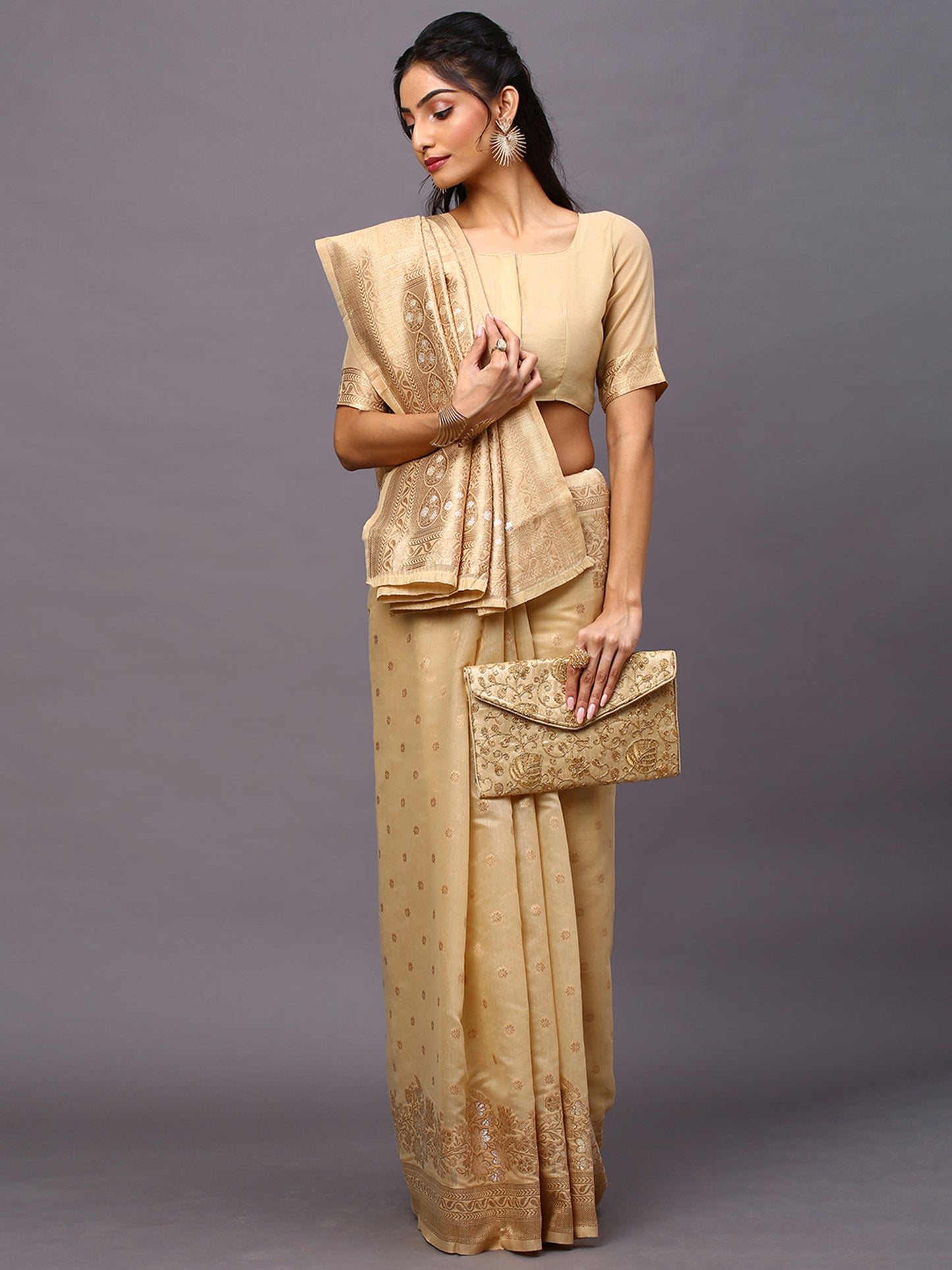 Women's Silk Cotton Cream Woven Design Woven saree With Blouse Piece