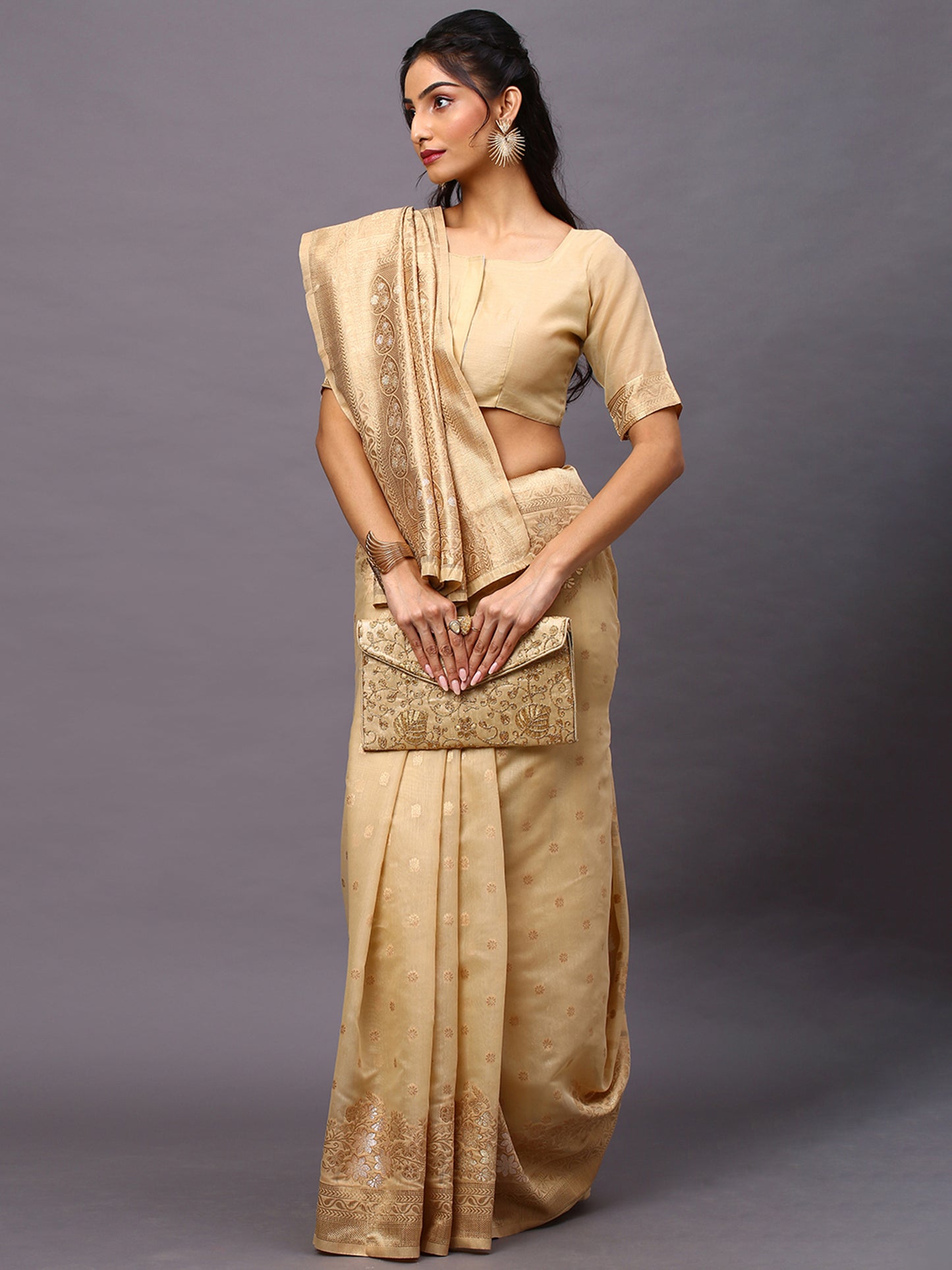 Women's Silk Cotton Cream Woven Design Woven saree With Blouse Piece