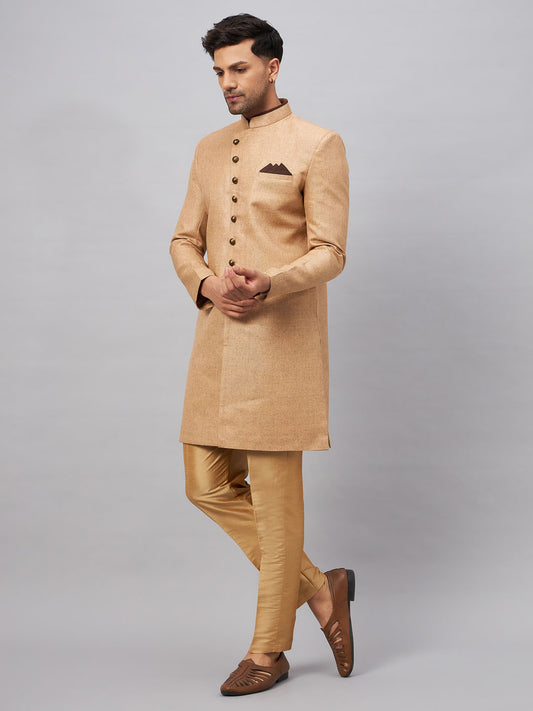 Men's Beige Silk Blend Straight Sherwani Set