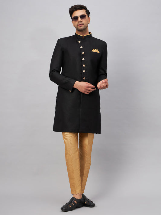Men's Black Silk Blend Straight Sherwani Set
