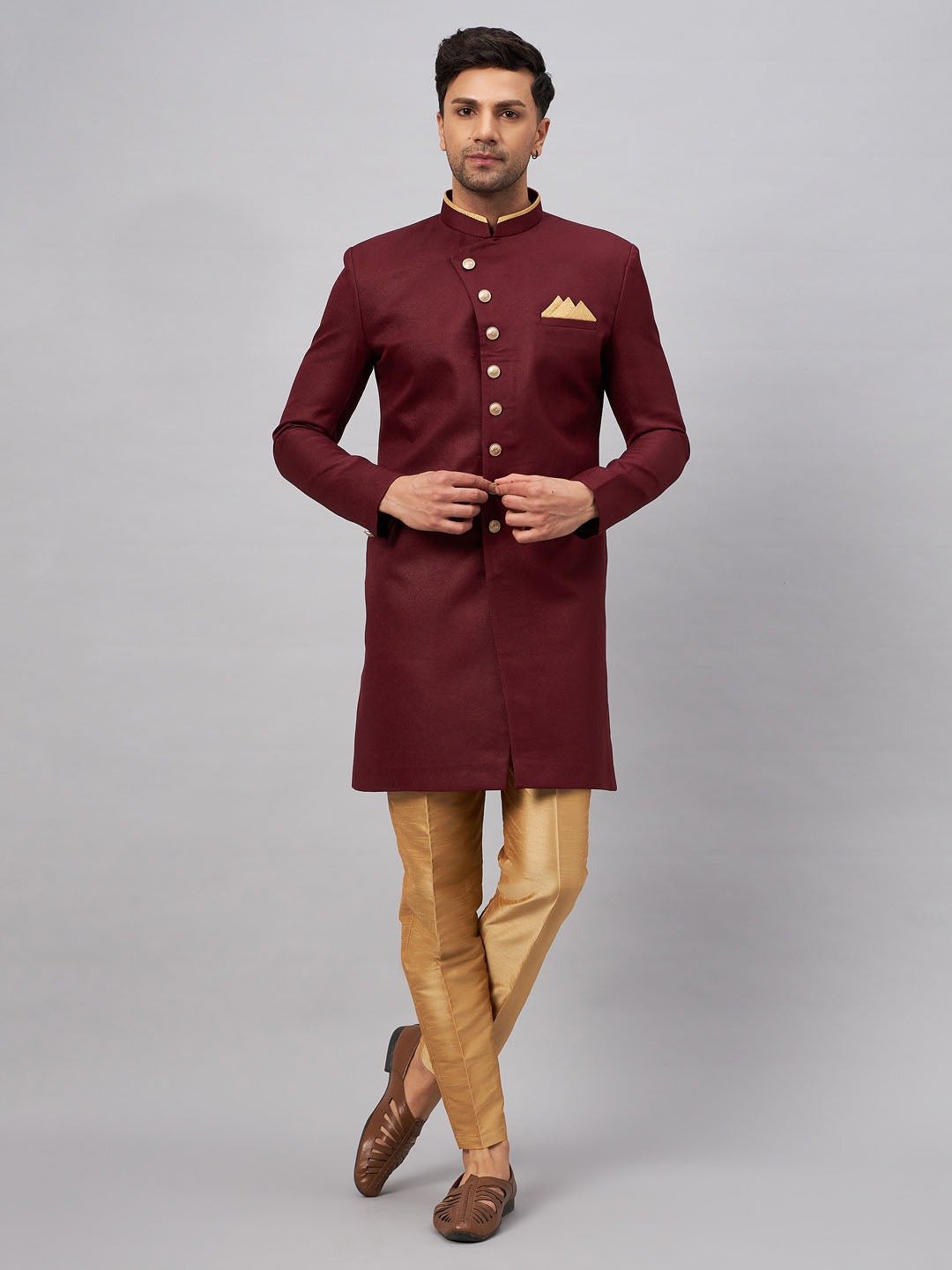 Men's Maroon Silk Blend Straight Sherwani Set