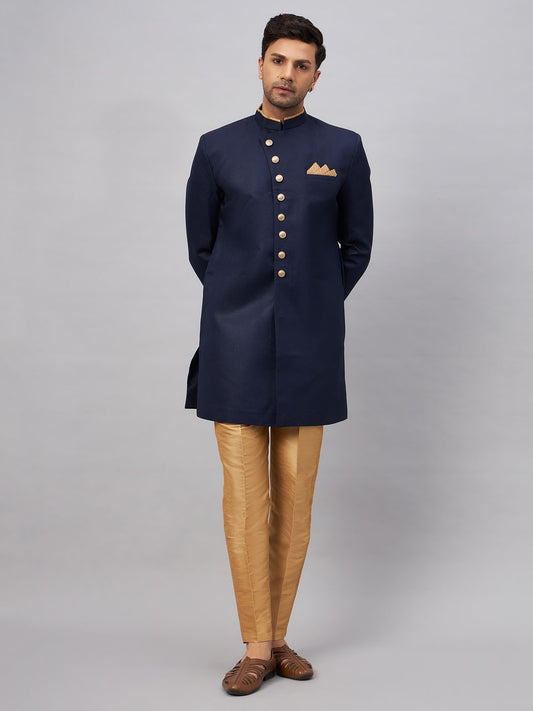 Men's Navy blue Silk Blend Straight Sherwani Set