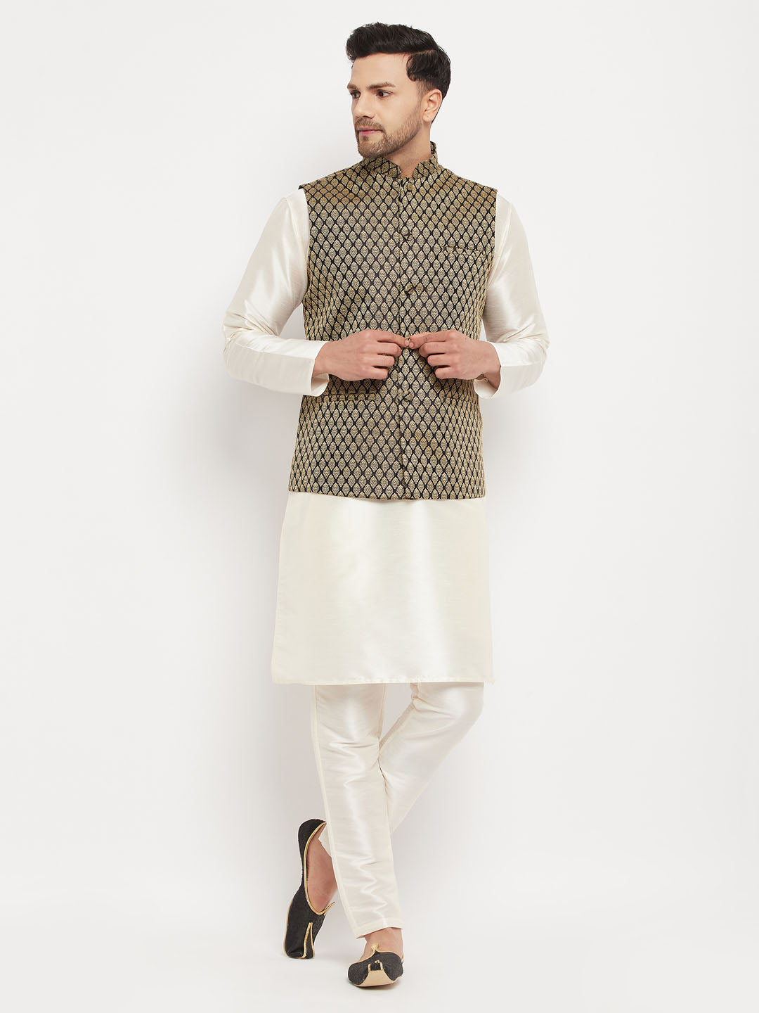 Men's Cream Silk Blend Straight Jacket Kurta and Pyjama Set