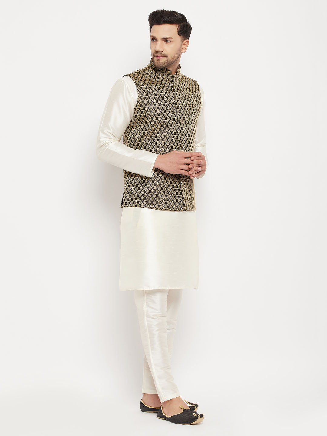 Men's Cream Silk Blend Straight Jacket Kurta and Pyjama Set