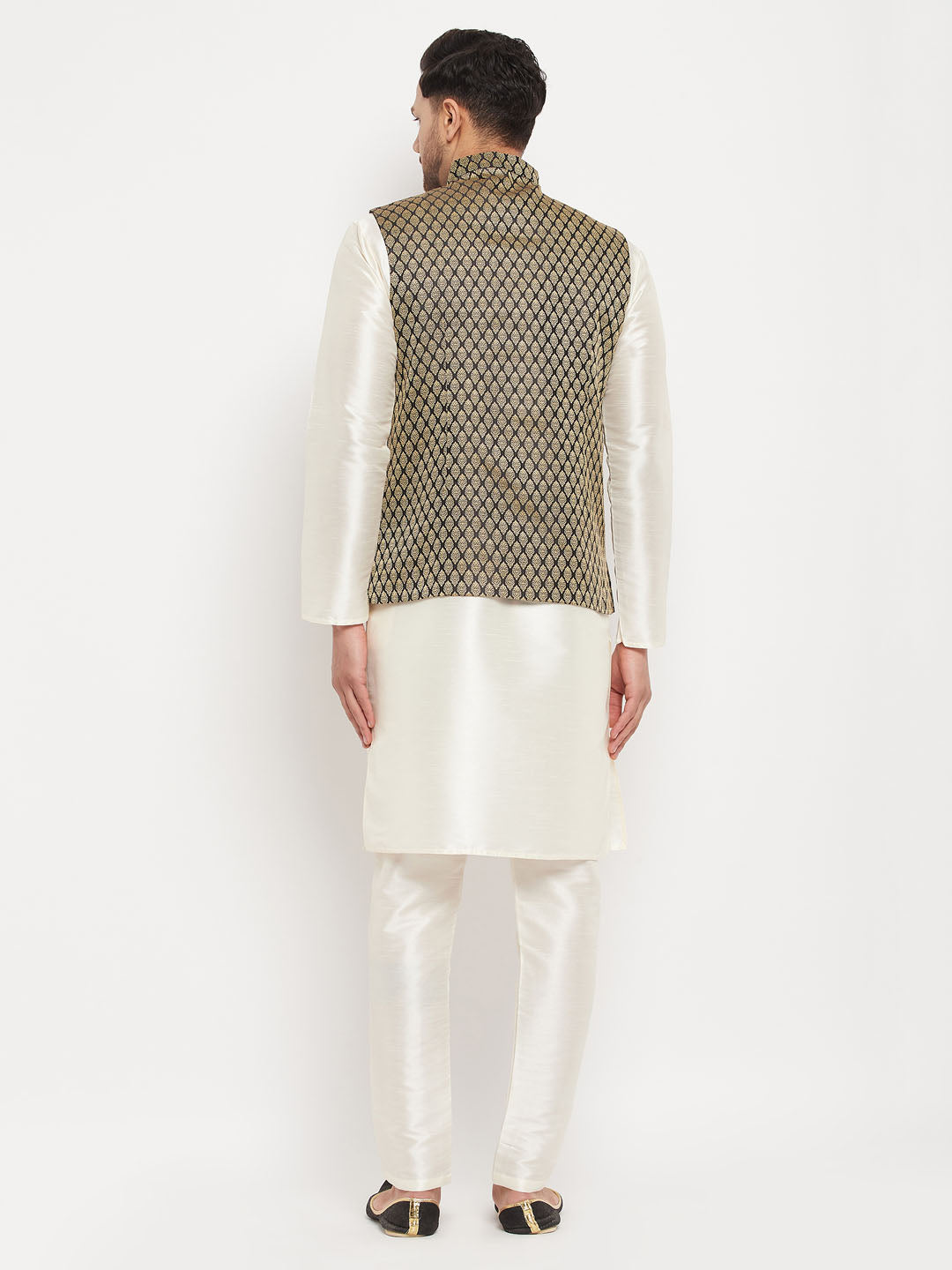 Men's Cream Silk Blend Straight Jacket Kurta and Pyjama Set