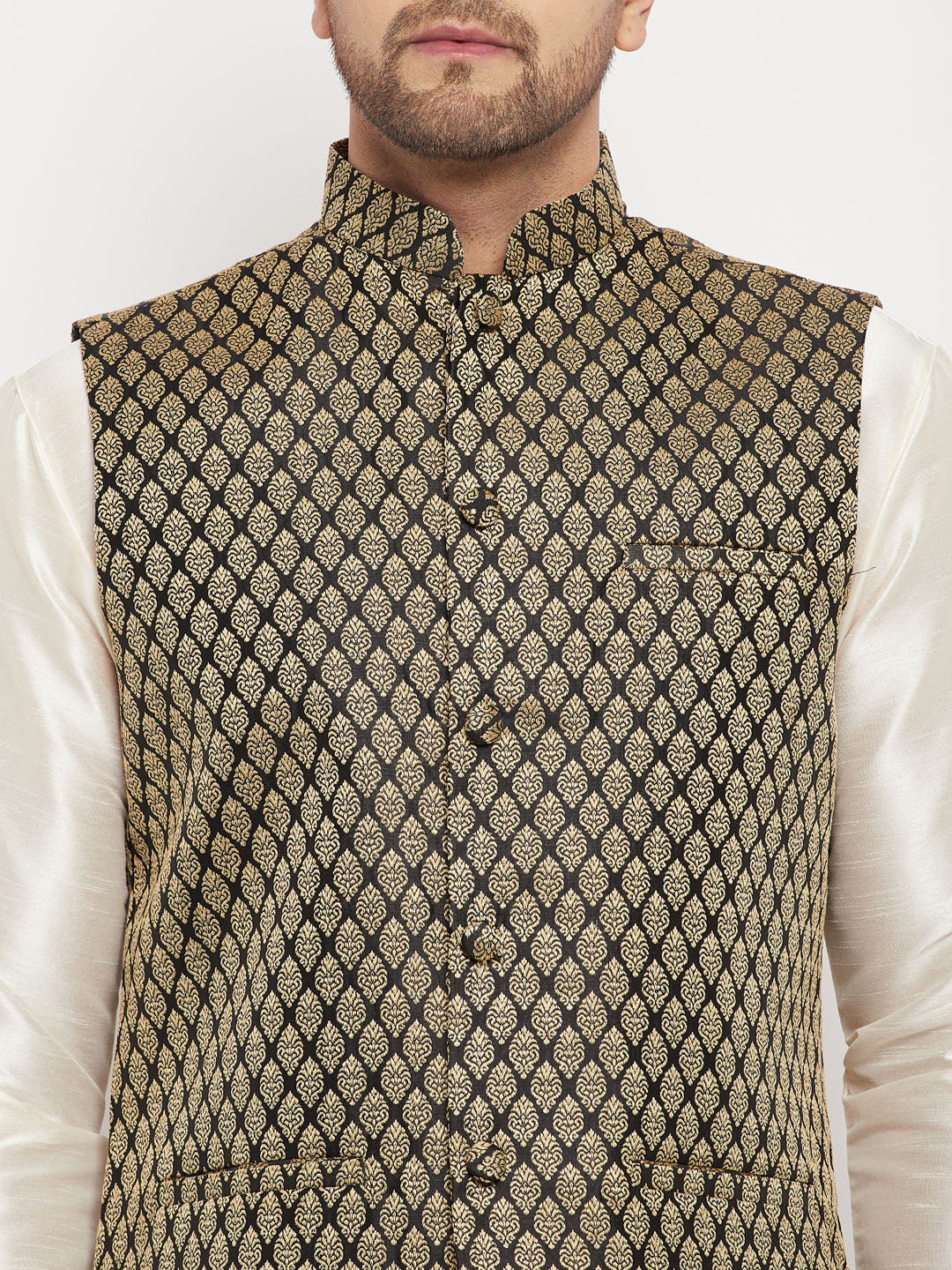 Men's Cream Silk Blend Straight Jacket Kurta and Pyjama Set
