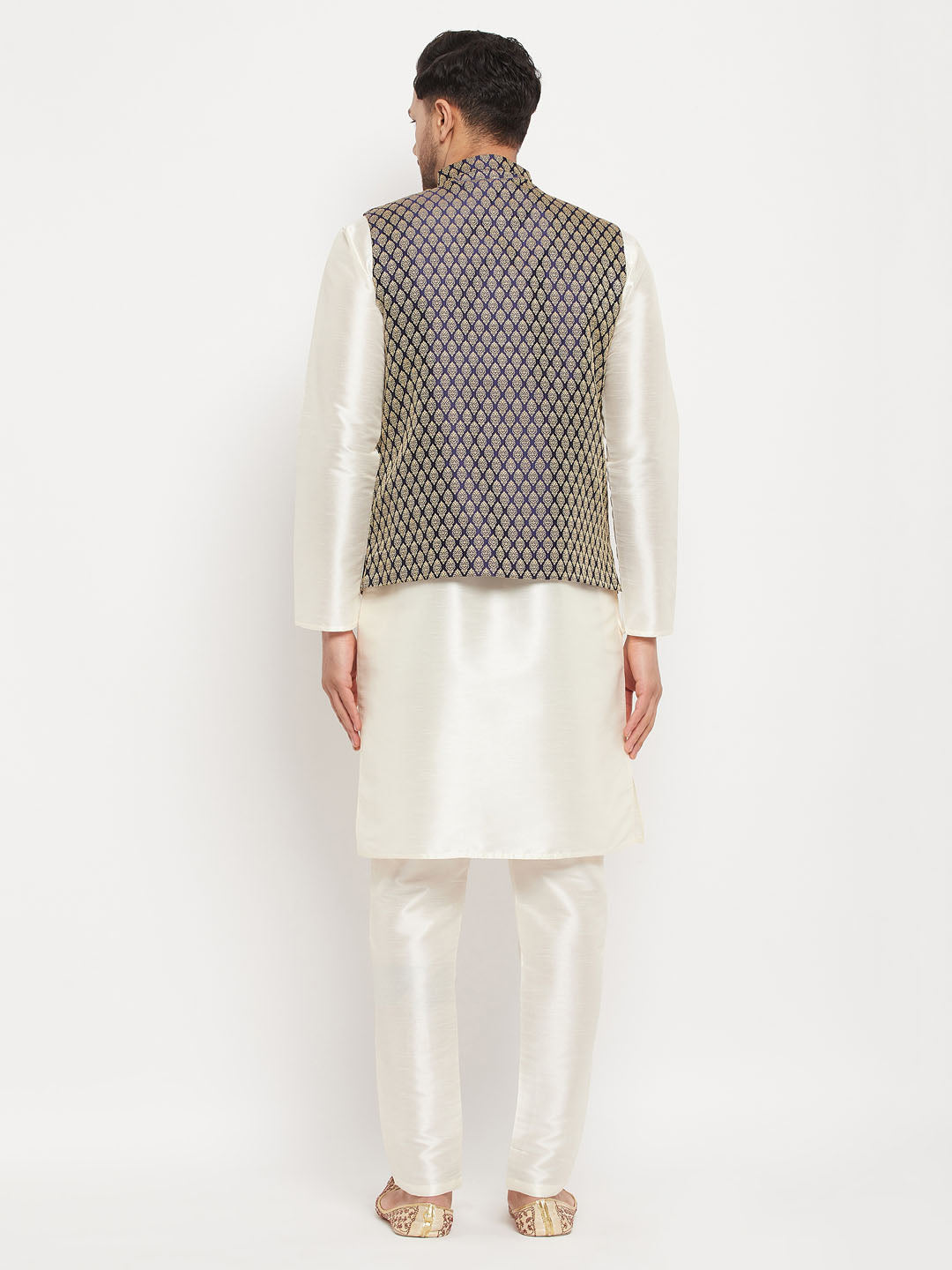 Men's Cream Silk Blend Straight Jacket Kurta and Pyjama Set