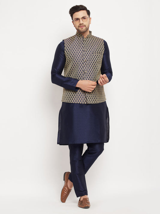 Men's Navy Blue Silk Blend Straight Jacket  Kurta and Pyjama Set