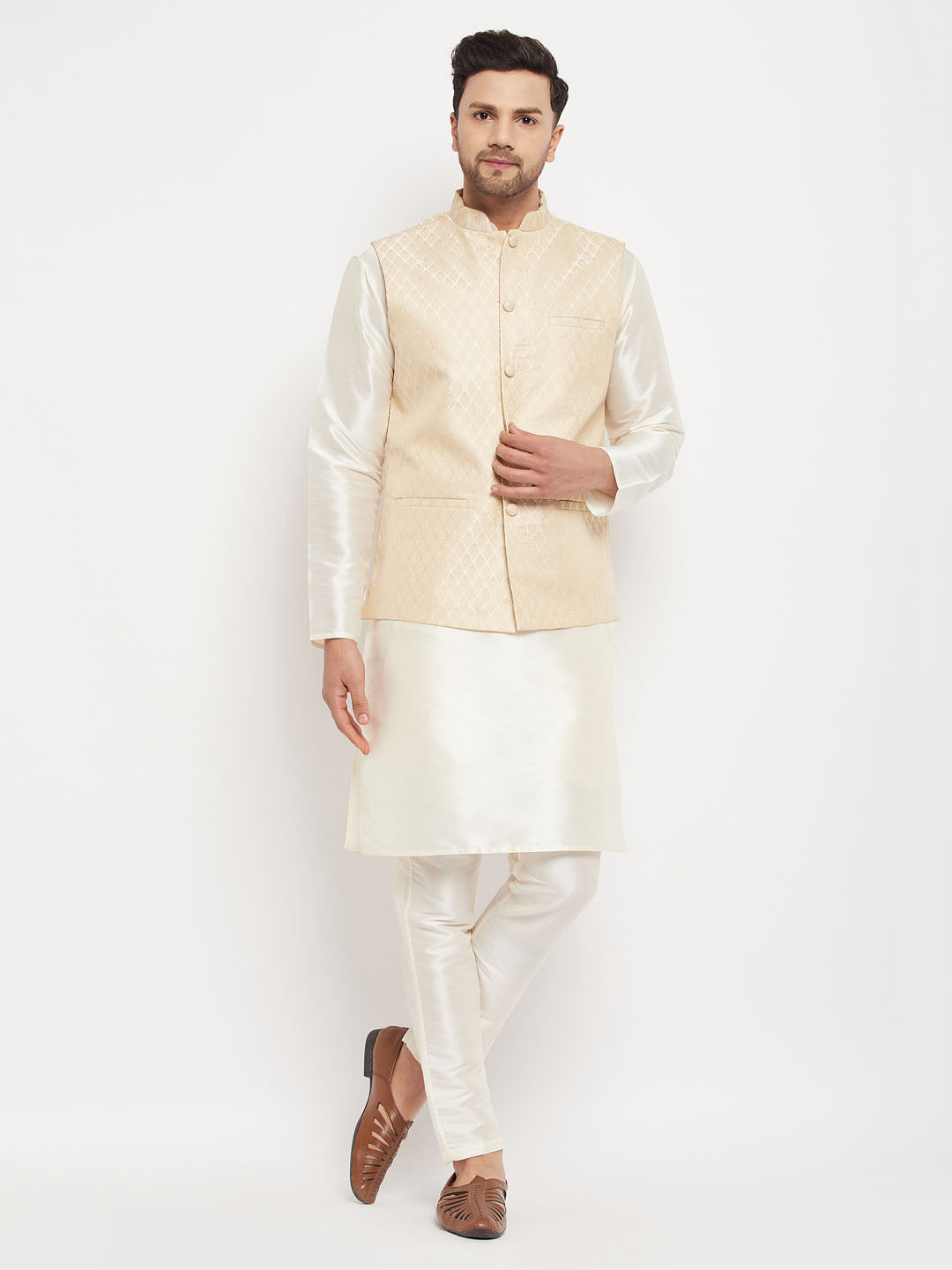 Men's Cream Silk Blend Straight Jacket Kurta and Pyjama Set
