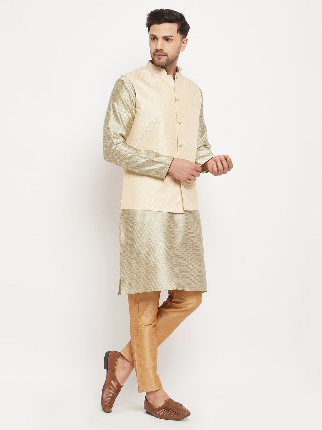 Men's Beige Silk Blend Straight Jacket Kurta and Pyjama Set