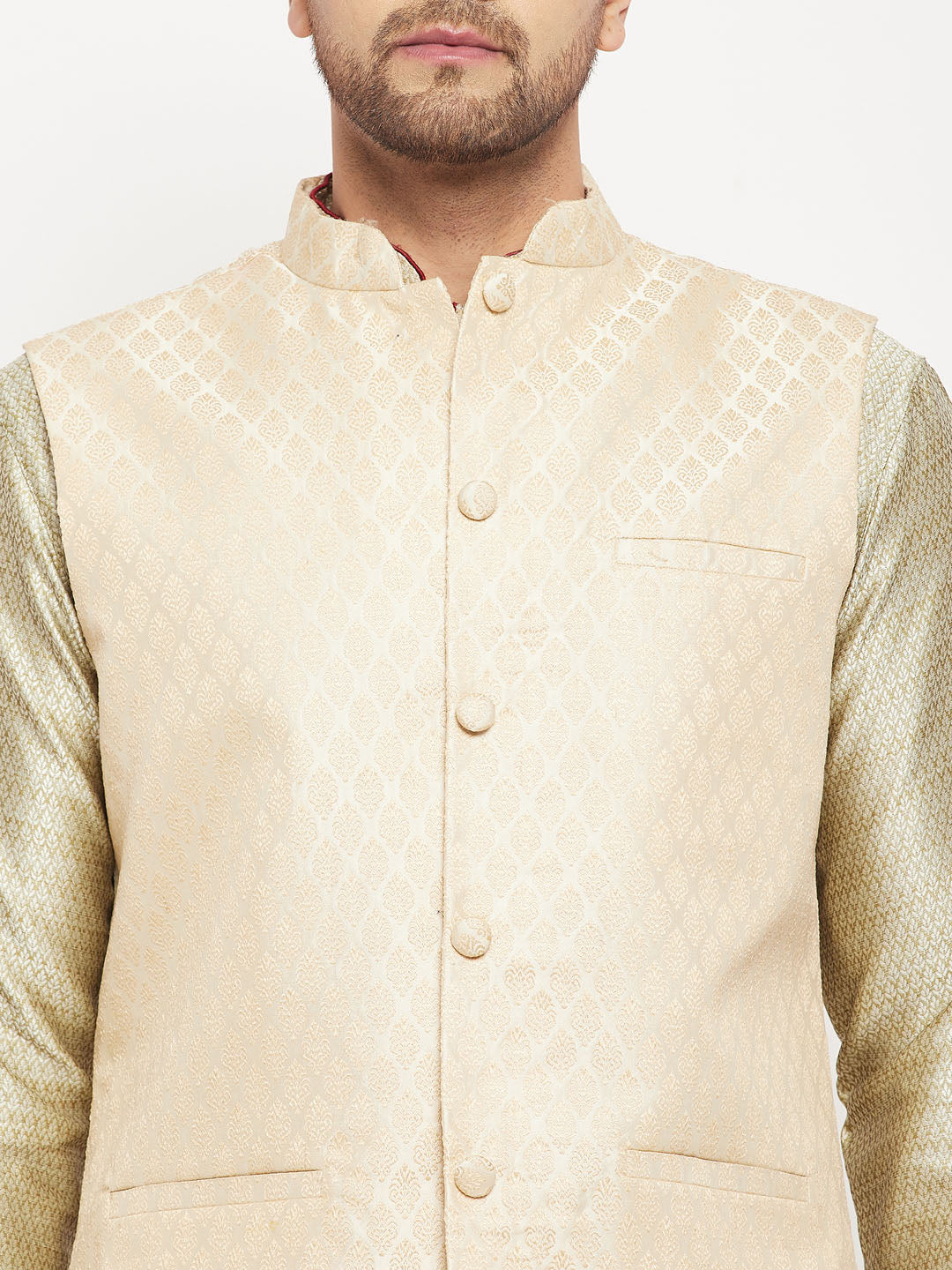 Men's Beige Silk Blend Straight Jacket Kurta and Pyjama Set