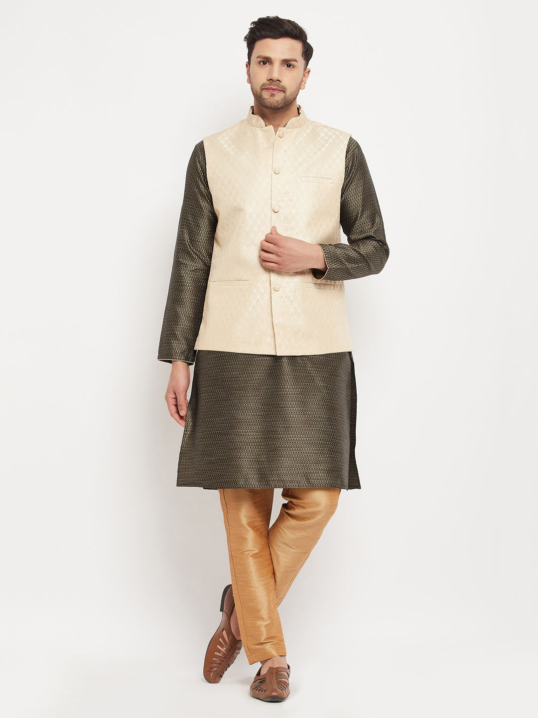 Men's Black Silk Blend Straight Jacket Kurta and Pyjama Set