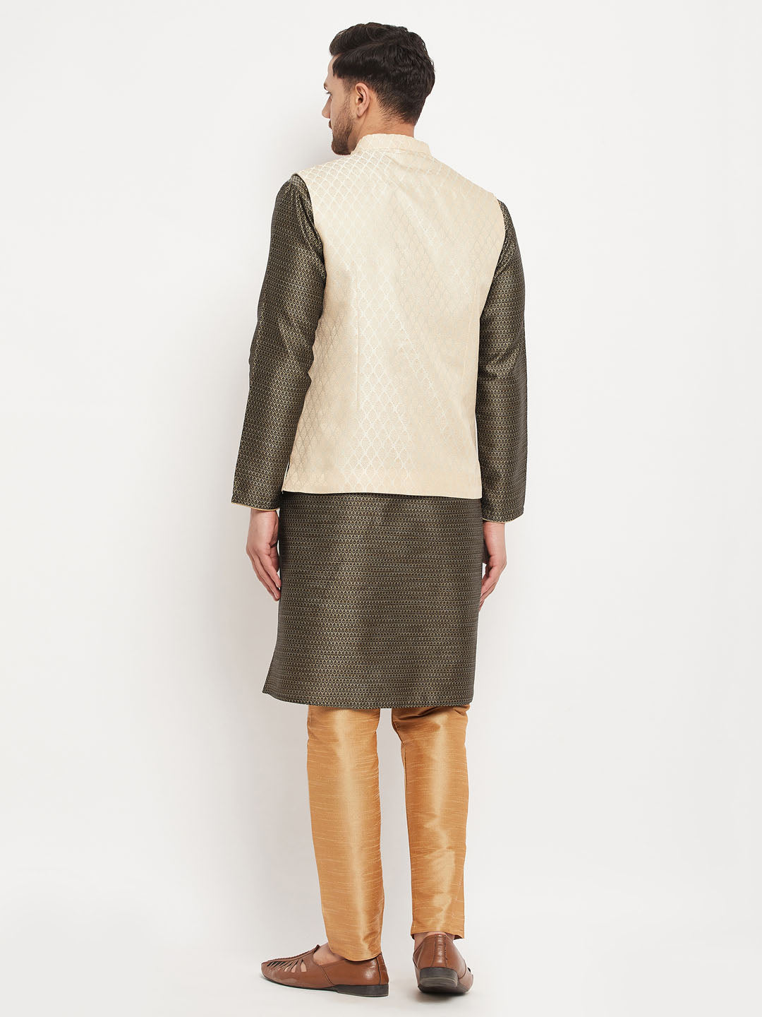 Men's Black Silk Blend Straight Jacket Kurta and Pyjama Set