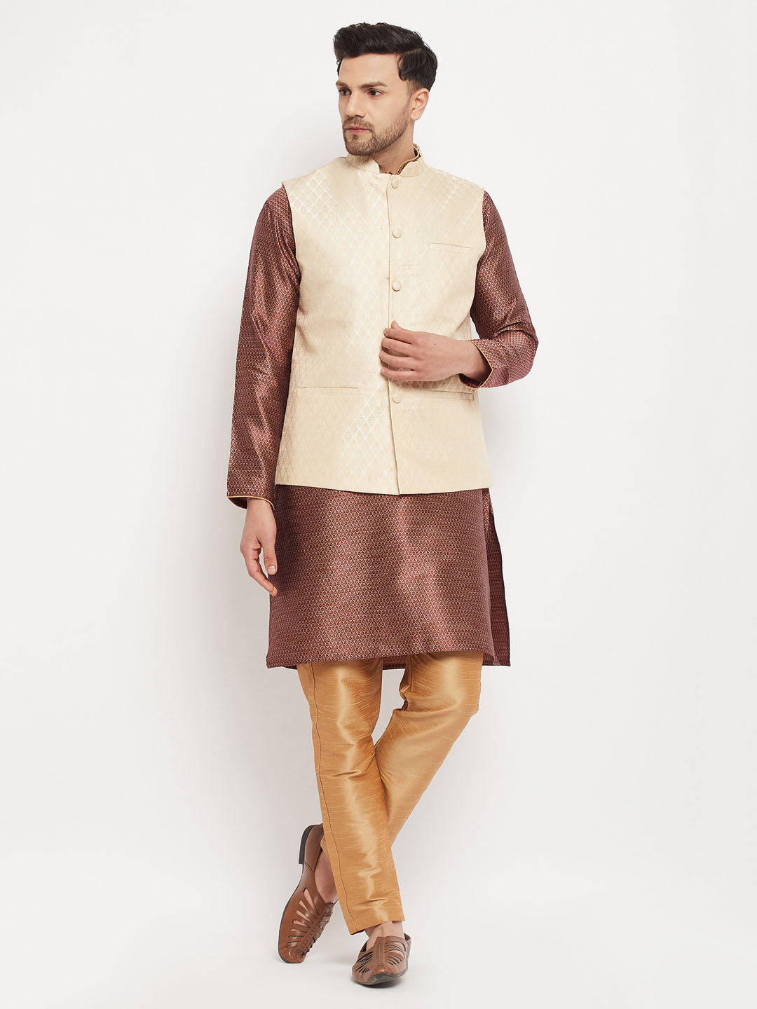 Men's Maroon Silk Blend Straight Jacket Kurta and Pyjama Set