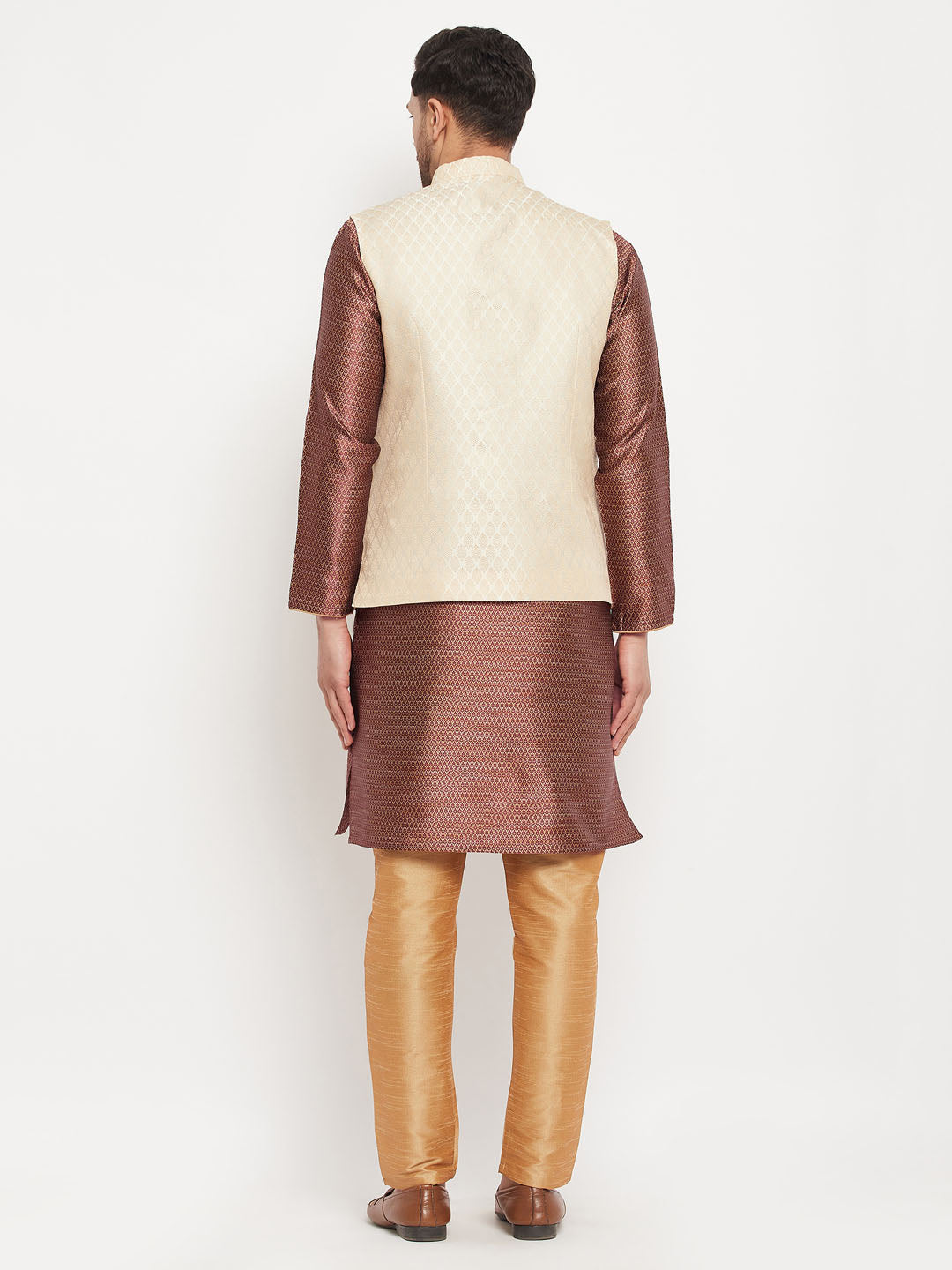 Men's Maroon Silk Blend Straight Jacket Kurta and Pyjama Set