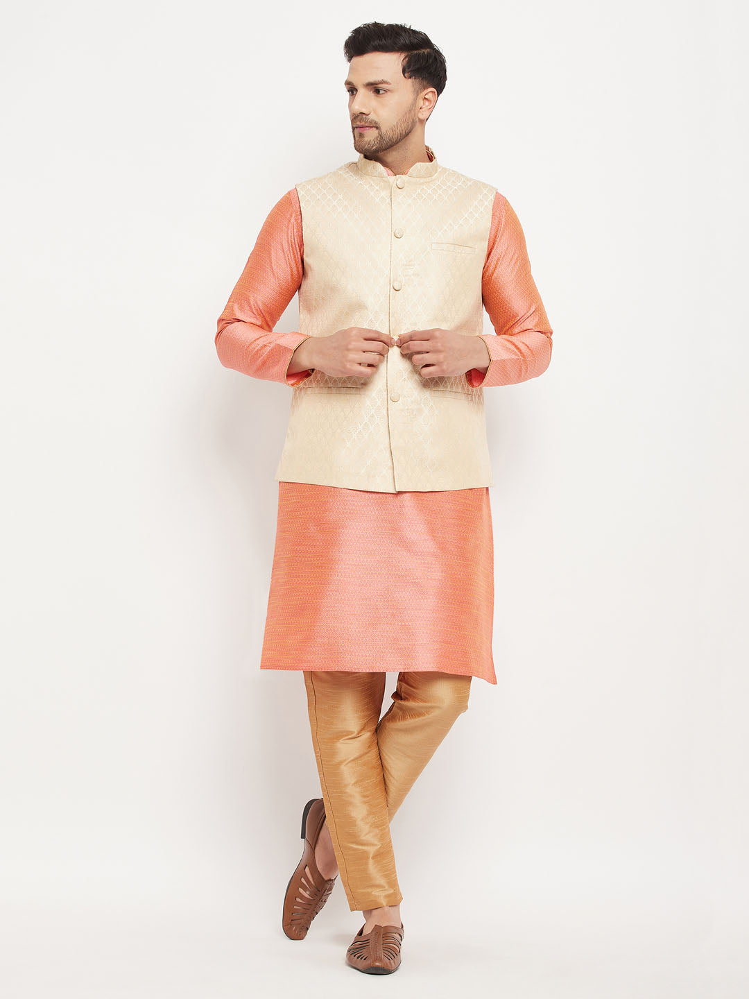 Men's Pink Silk Blend Straight Jacket Kurta and Pyjama Set