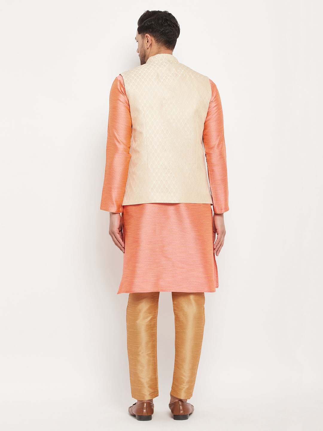 Men's Pink Silk Blend Straight Jacket Kurta and Pyjama Set