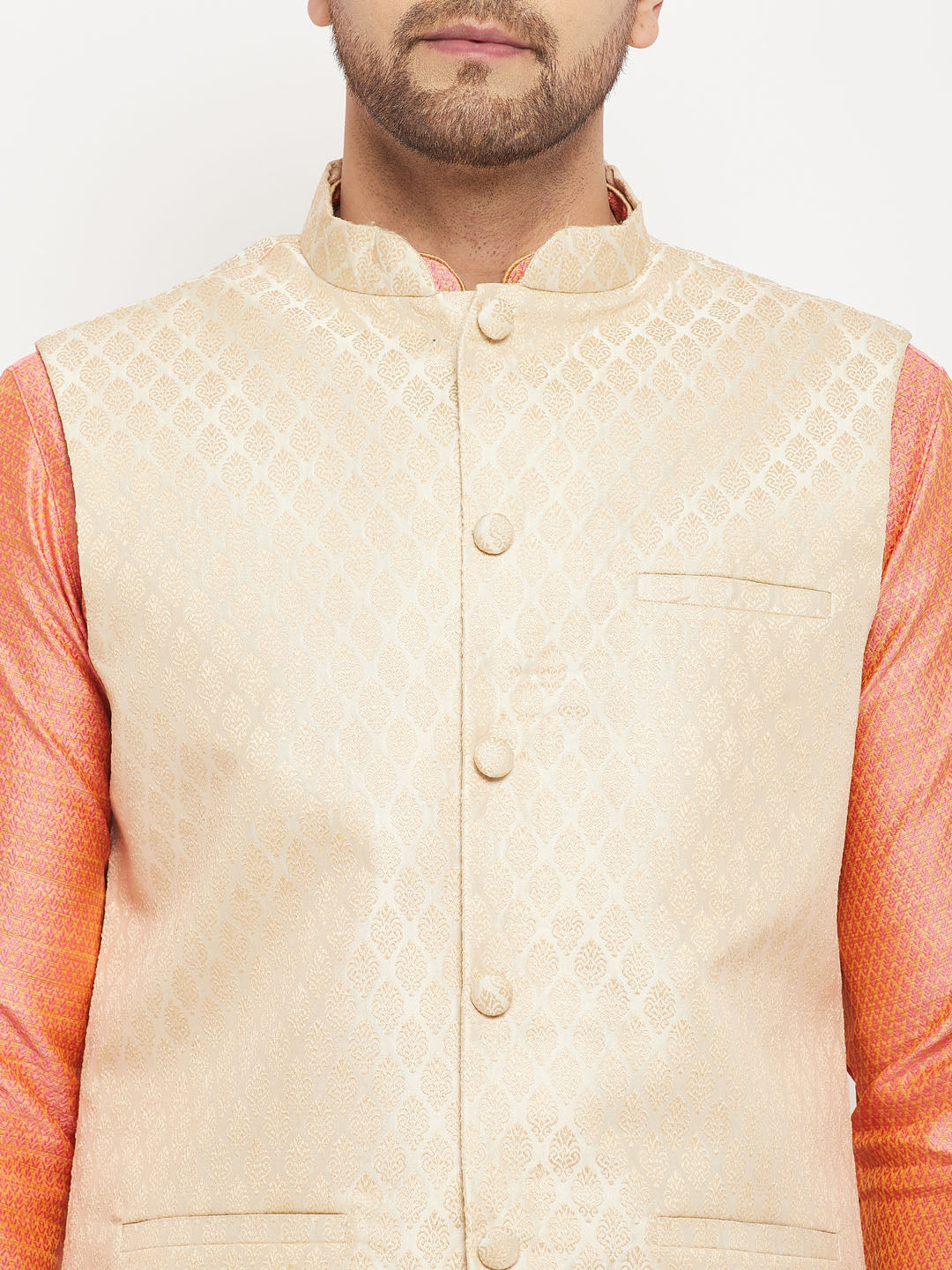 Men's Pink Silk Blend Straight Jacket Kurta and Pyjama Set