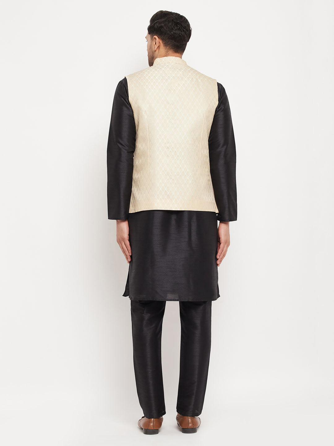 Men's Black Silk Blend Straight Jacket Kurta and Pyjama Set
