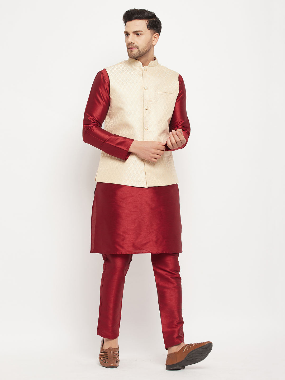 Men's Maroon Silk Blend Straight Jacket Kurta and Pyjama Set