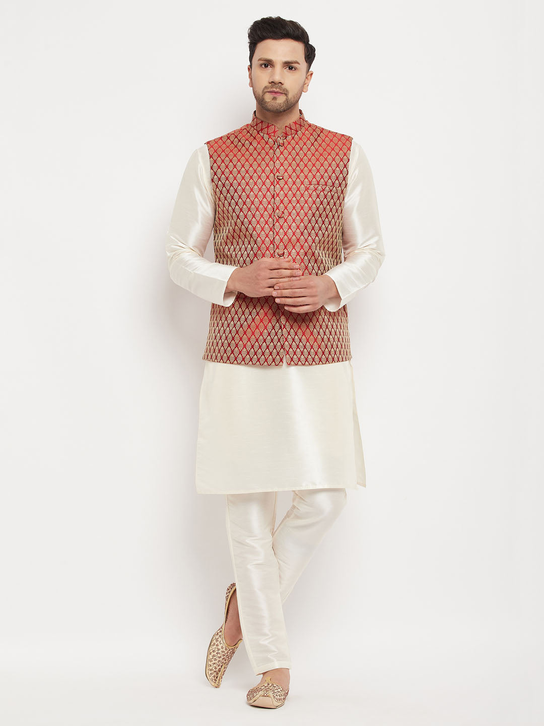 Men's Cream Silk Blend Straight Jacket Kurta and Pyjama Set