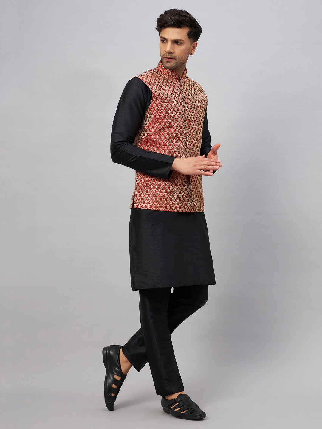 Men's Black Silk Blend Straight Jacket Kurta and Pyjama Set