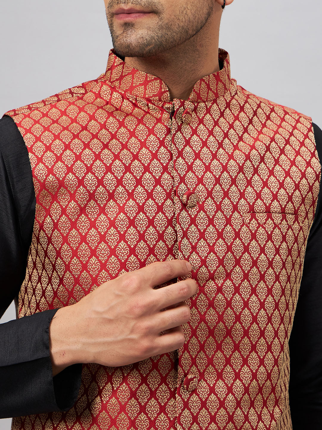 Men's Black Silk Blend Straight Jacket Kurta and Pyjama Set