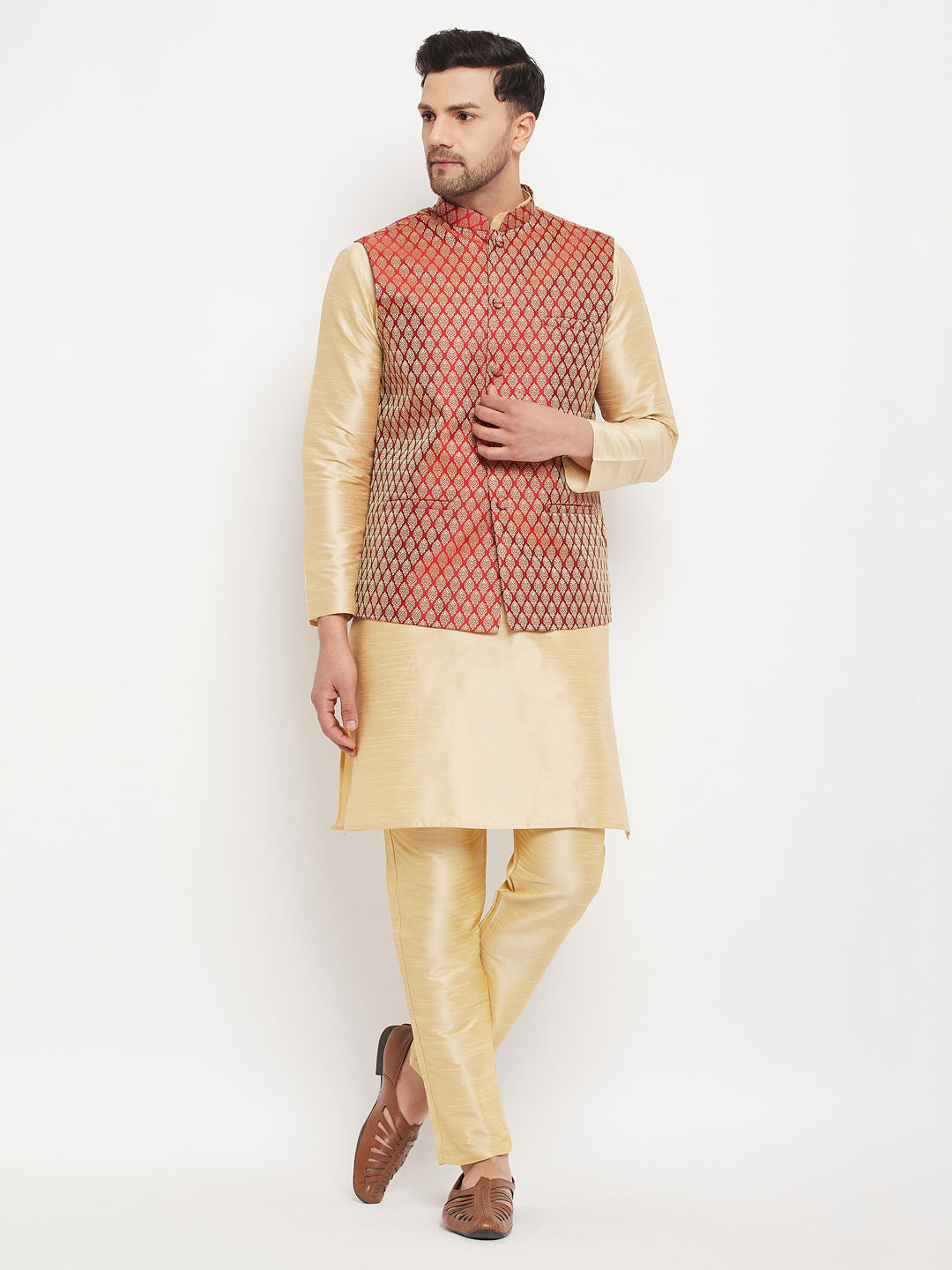 Men's Gold Silk Blend Straight Jacket Kurta and Pyjama Set