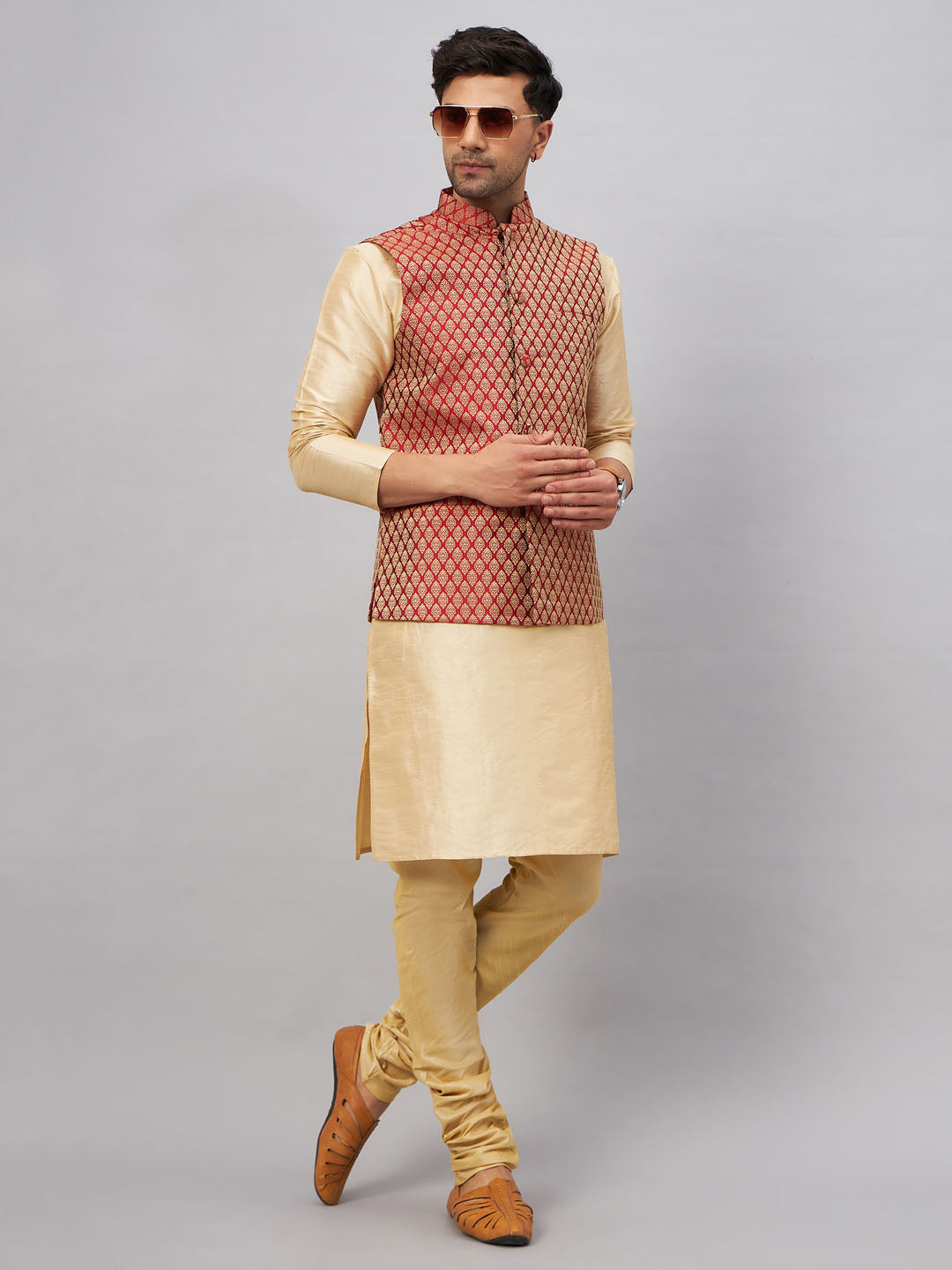 Men's Gold Silk Blend Straight Jacket Kurta and Pyjama Set