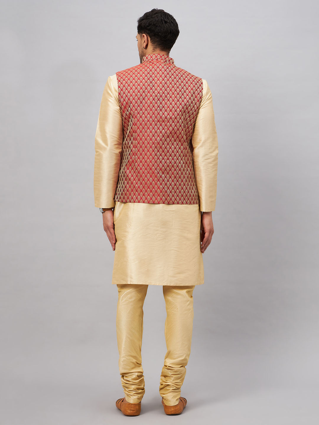 Men's Gold Silk Blend Straight Jacket Kurta and Pyjama Set