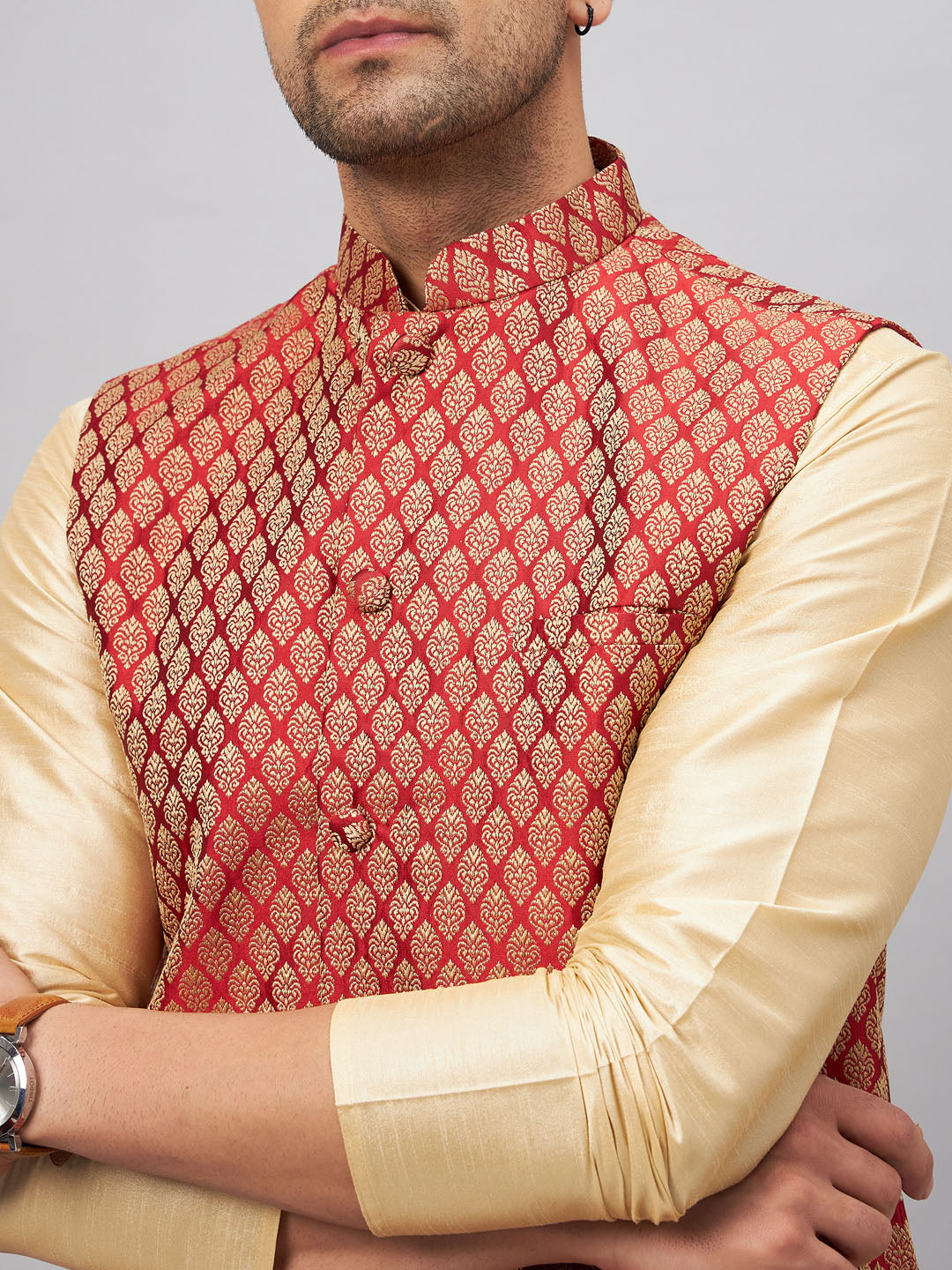 Men's Gold Silk Blend Straight Jacket Kurta and Pyjama Set