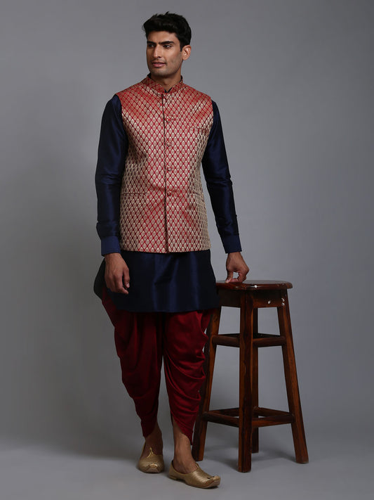 Men's Navy Blue Silk Blend Straight Jacket  Kurta and Dhoti Set